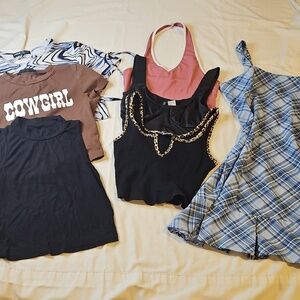 Crop Top Bundle + Plaid Ruffle Dress 7 piece All XS Halter Mockneck Leopard